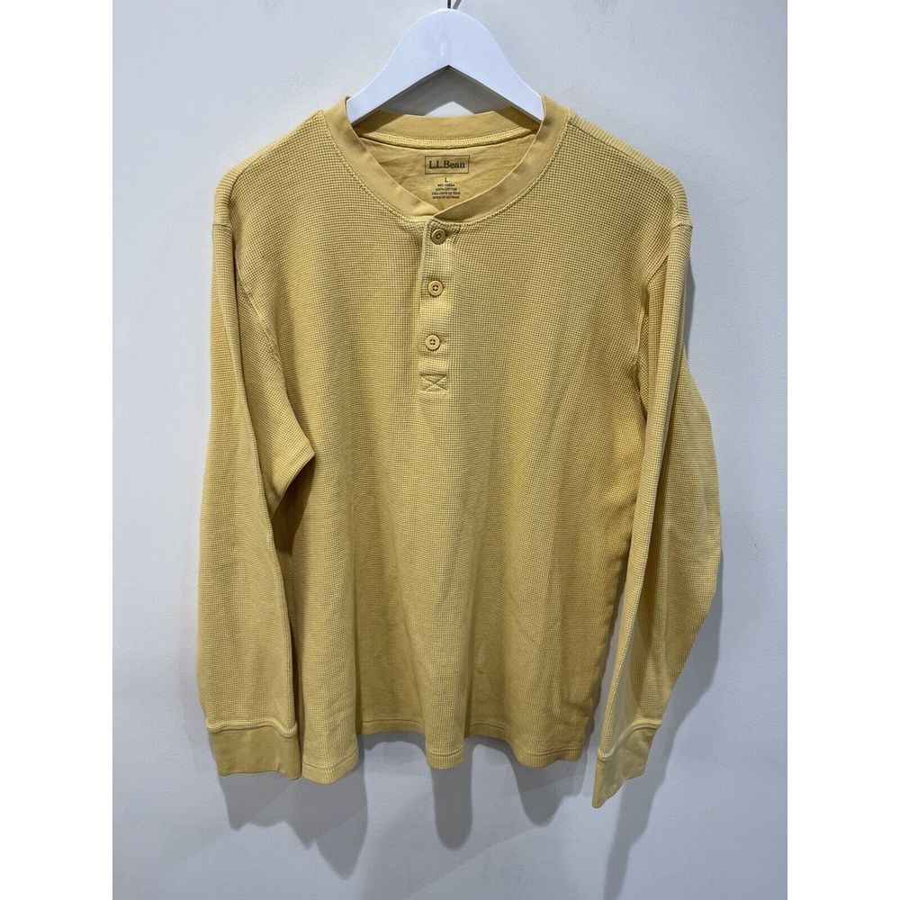 LL Bean Mens Thermal Henley Shirt Waffle Knit Heather Blue Large Cotton Preppy